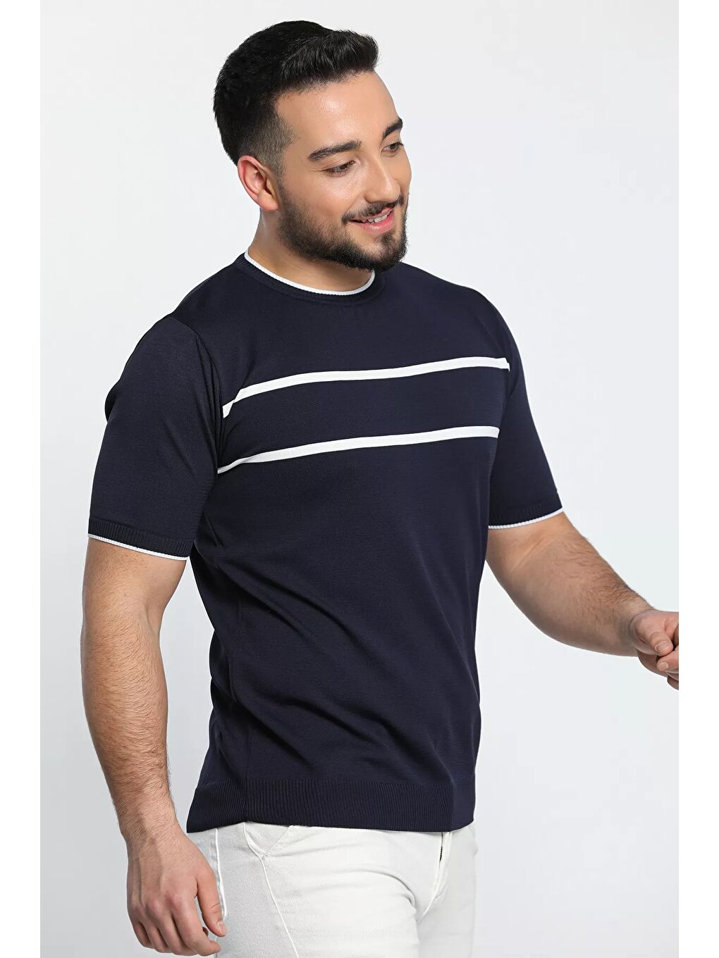 Lacivert Çizgi Detaylı Bisiklet Yaka Erkek T-shirt-3