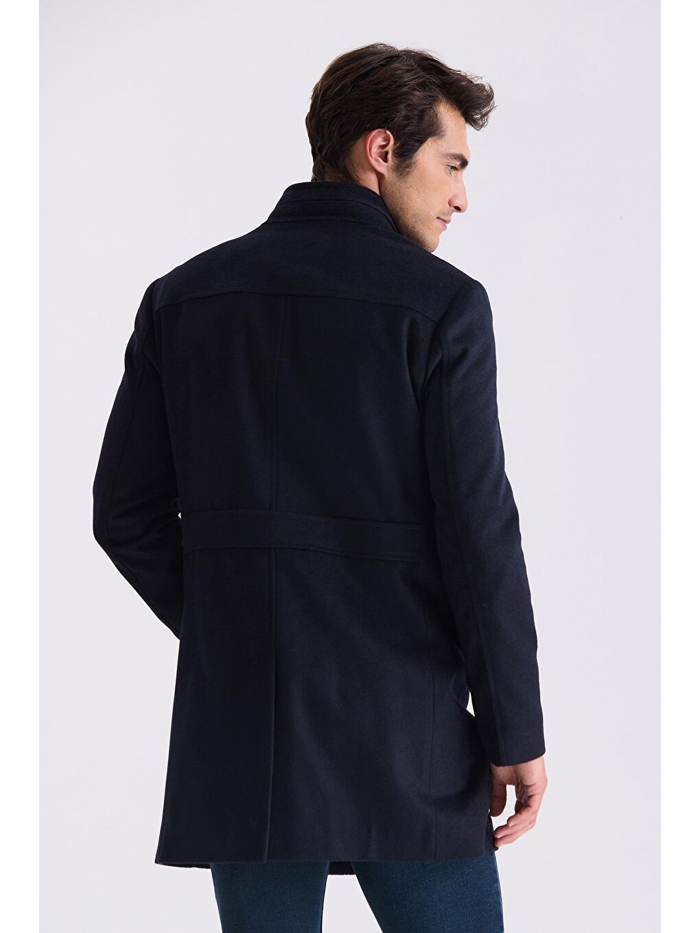 Koyu Lacivert Slim Fit Dik Yaka Balık Sırtı Desenli Yünlü Spor Kaban-3