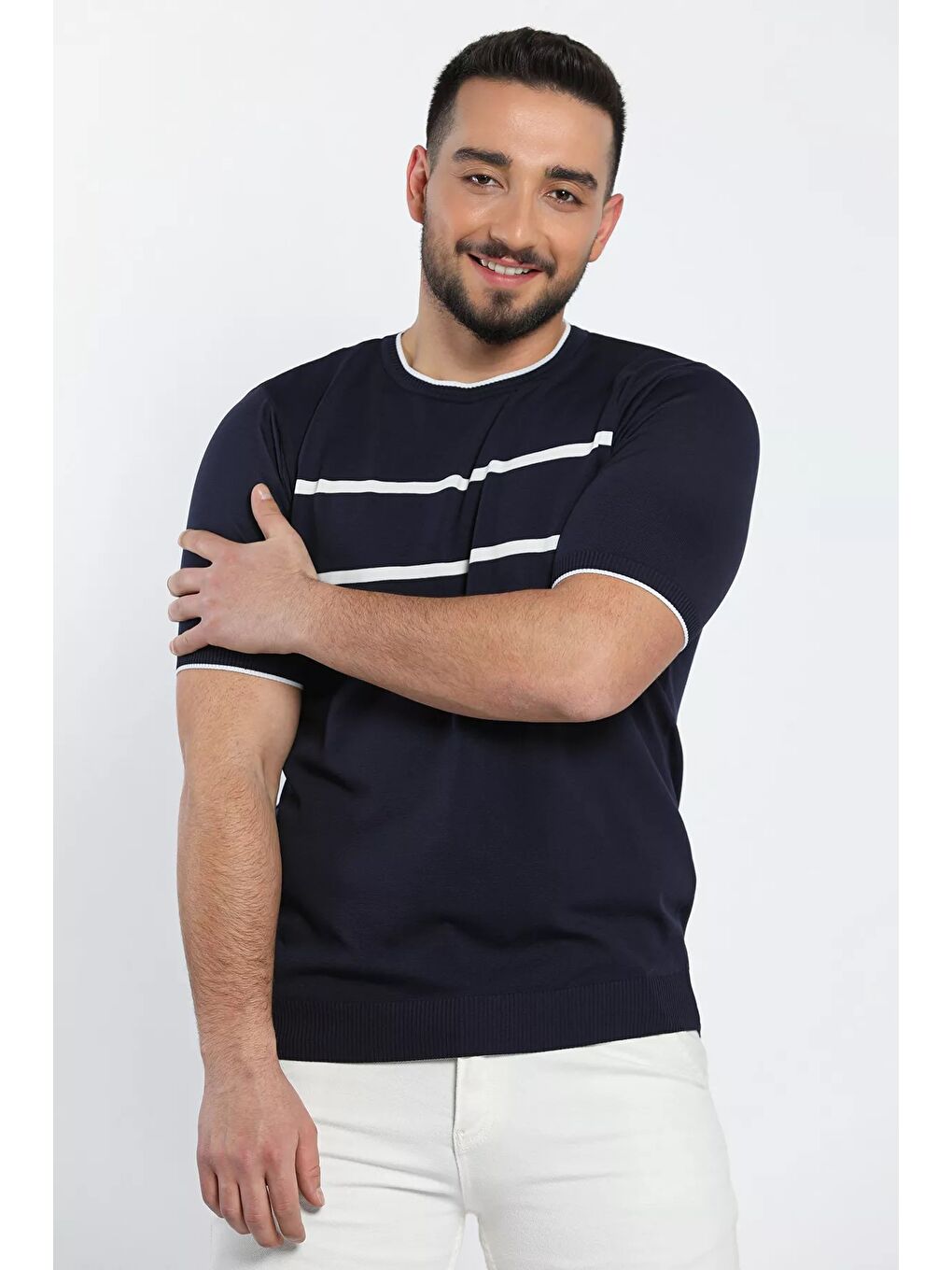 Lacivert Çizgi Detaylı Bisiklet Yaka Erkek T-shirt-4