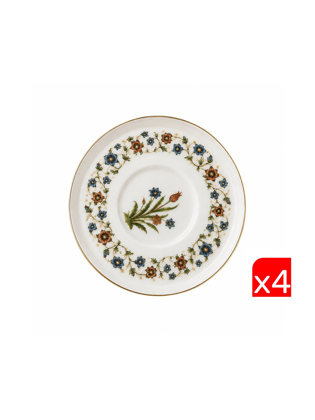 Karışık Porselen Lalezar Altın Yaldızlı Çay Tabağı 12cm Taban Çapı 5cm 4 Lü