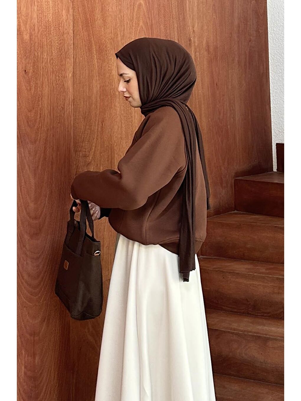 Düşük Omuz Üç İplik Sweatshirt Acı Kahverengi-1