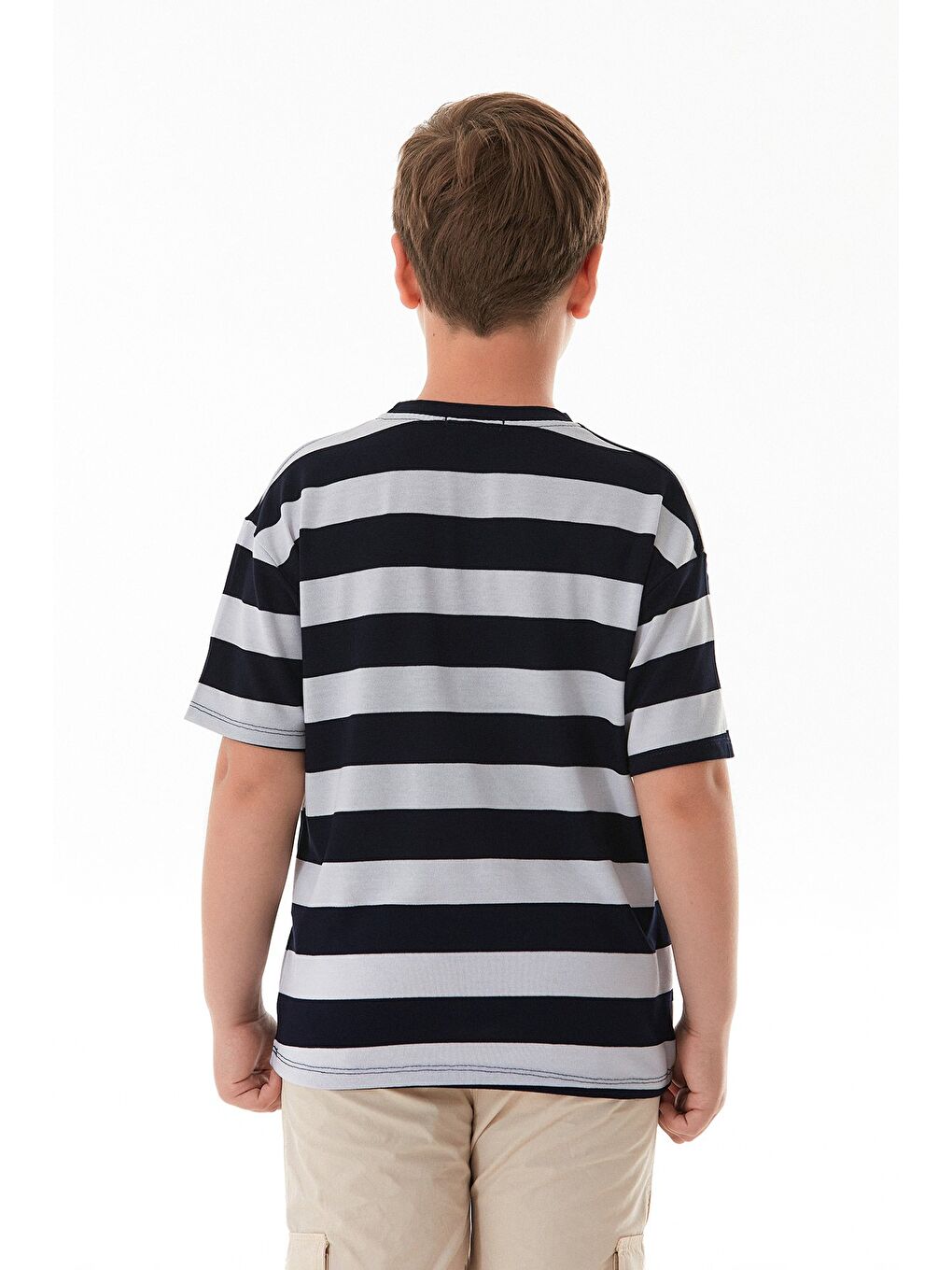 Lacivert Çizgili Yazı Nakışlı Erkek Çocuk Tişört-2