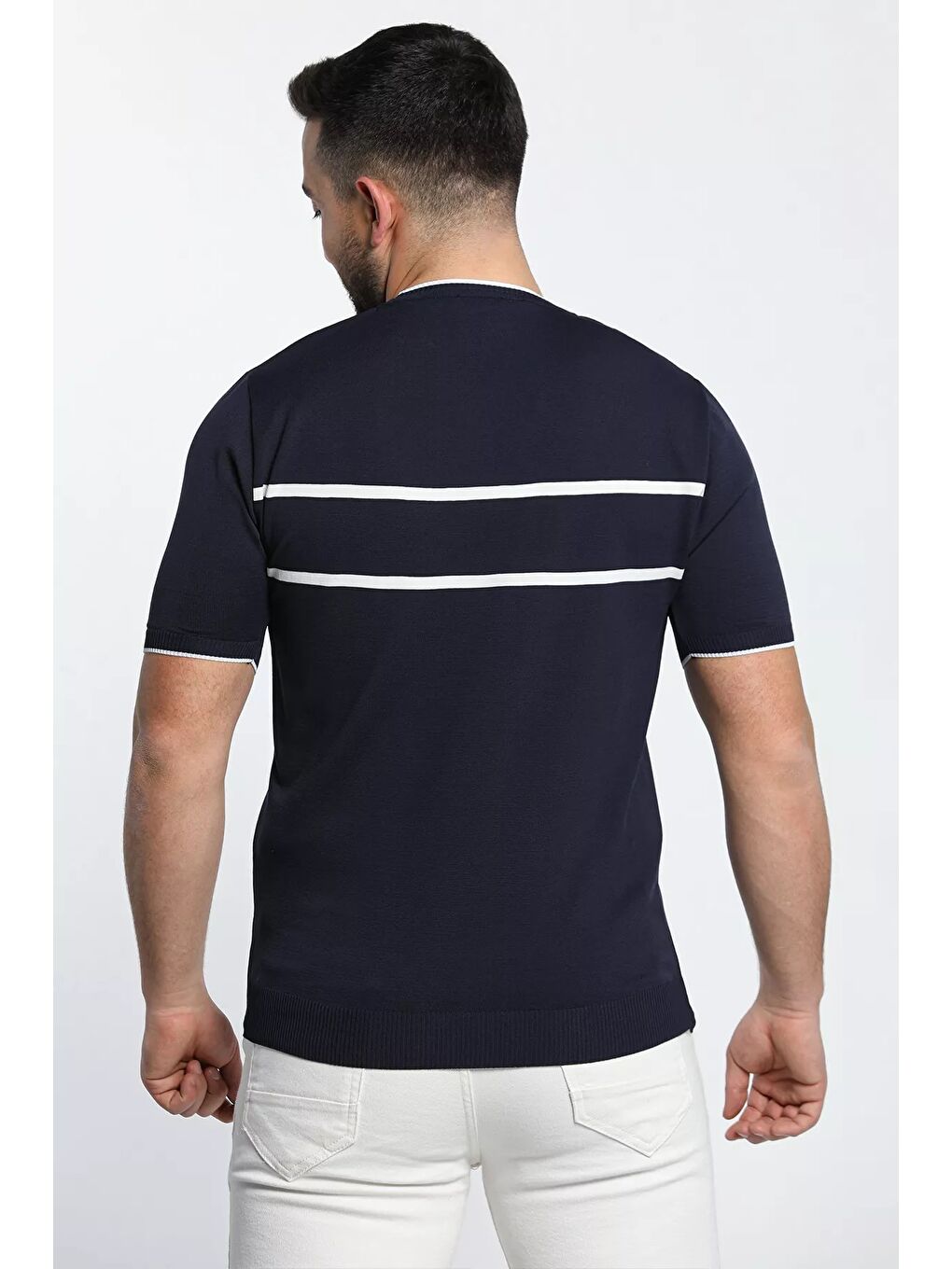 Lacivert Çizgi Detaylı Bisiklet Yaka Erkek T-shirt-5