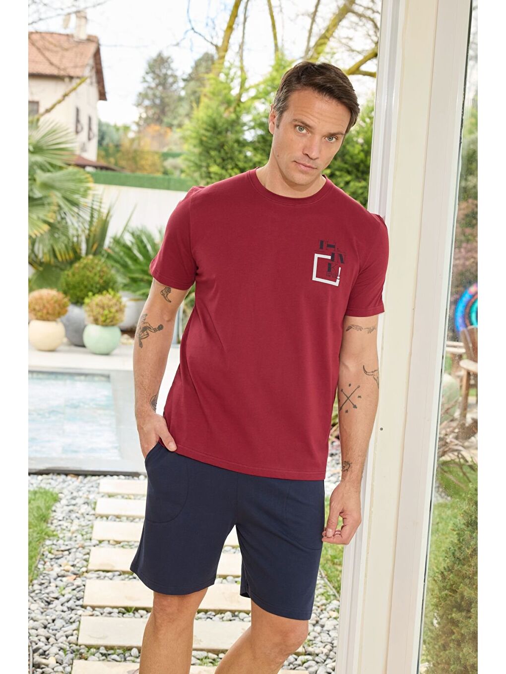 Bordo Erkek %100 Organik Pamuk Kısa Kollu Şortlu Doğal Baskılı Pijama Takımı