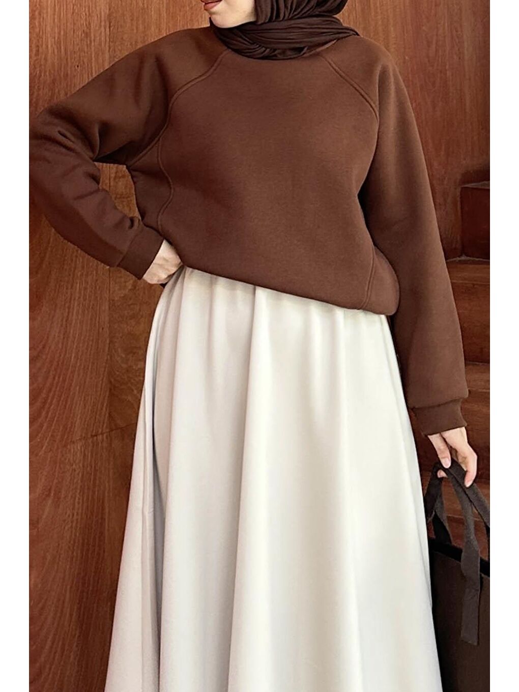 Düşük Omuz Üç İplik Sweatshirt Acı Kahverengi-2