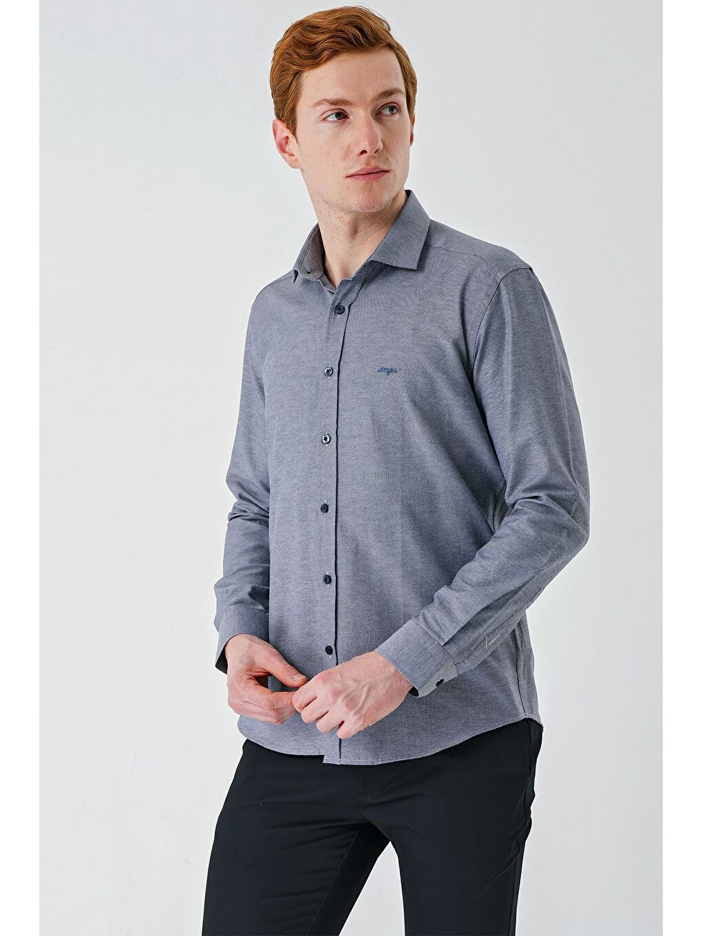 Gri Uzun Kollu Oxford Cepsiz Pamuklu Klasik Slim Fit Dar Kesim Gömlek 1004240235