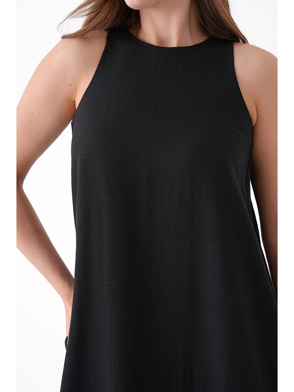 Siyah A Kesim Bisiklet Yaka Cepli Salopet Form Dokuma Elbise-4