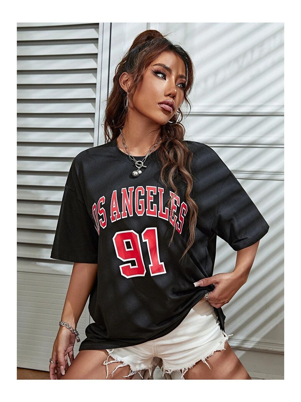 Kadın Siyah Los Angeles 91 Baskılı Oversize Tişört-5