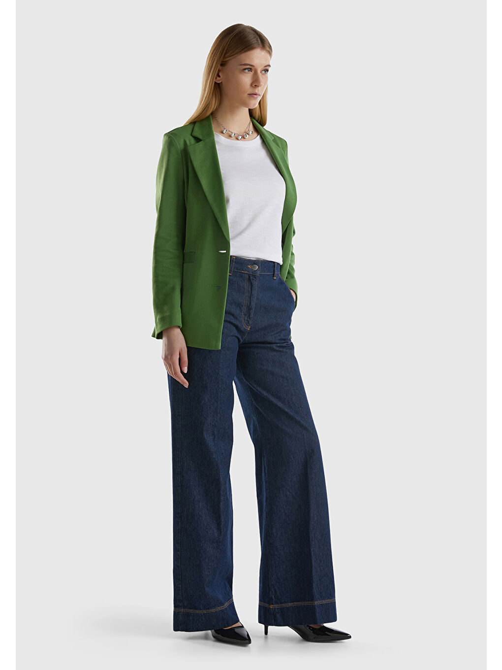 Kadın Mavi Bol Paça Denim Chino Pantolon-4