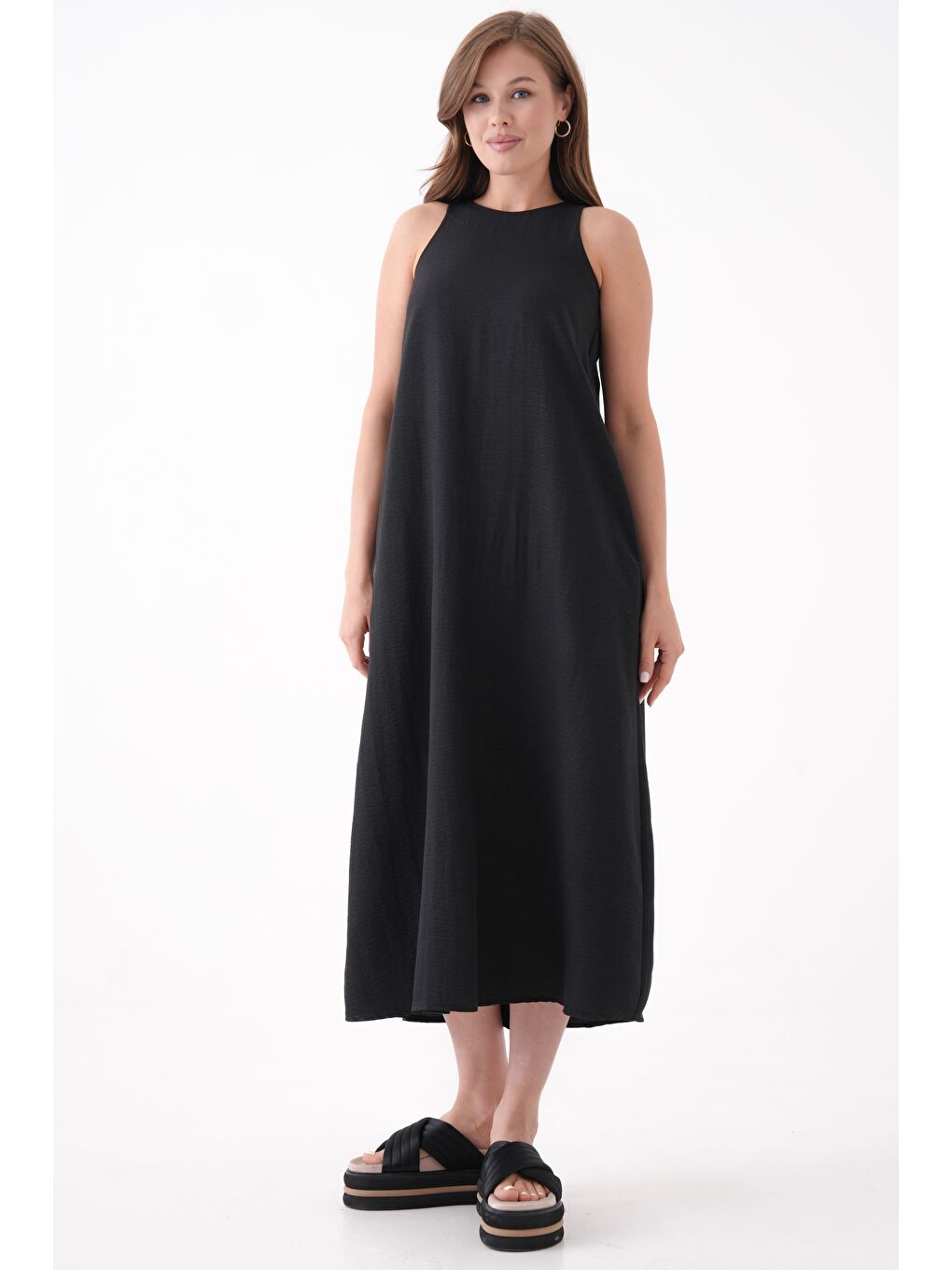 Siyah A Kesim Bisiklet Yaka Cepli Salopet Form Dokuma Elbise-5