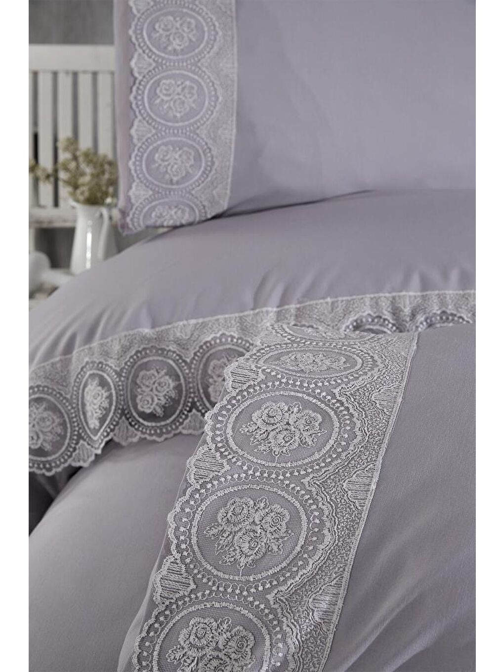 Fransız Dantelli Seda Çeyizlik Nevresim Takımı Gri-5