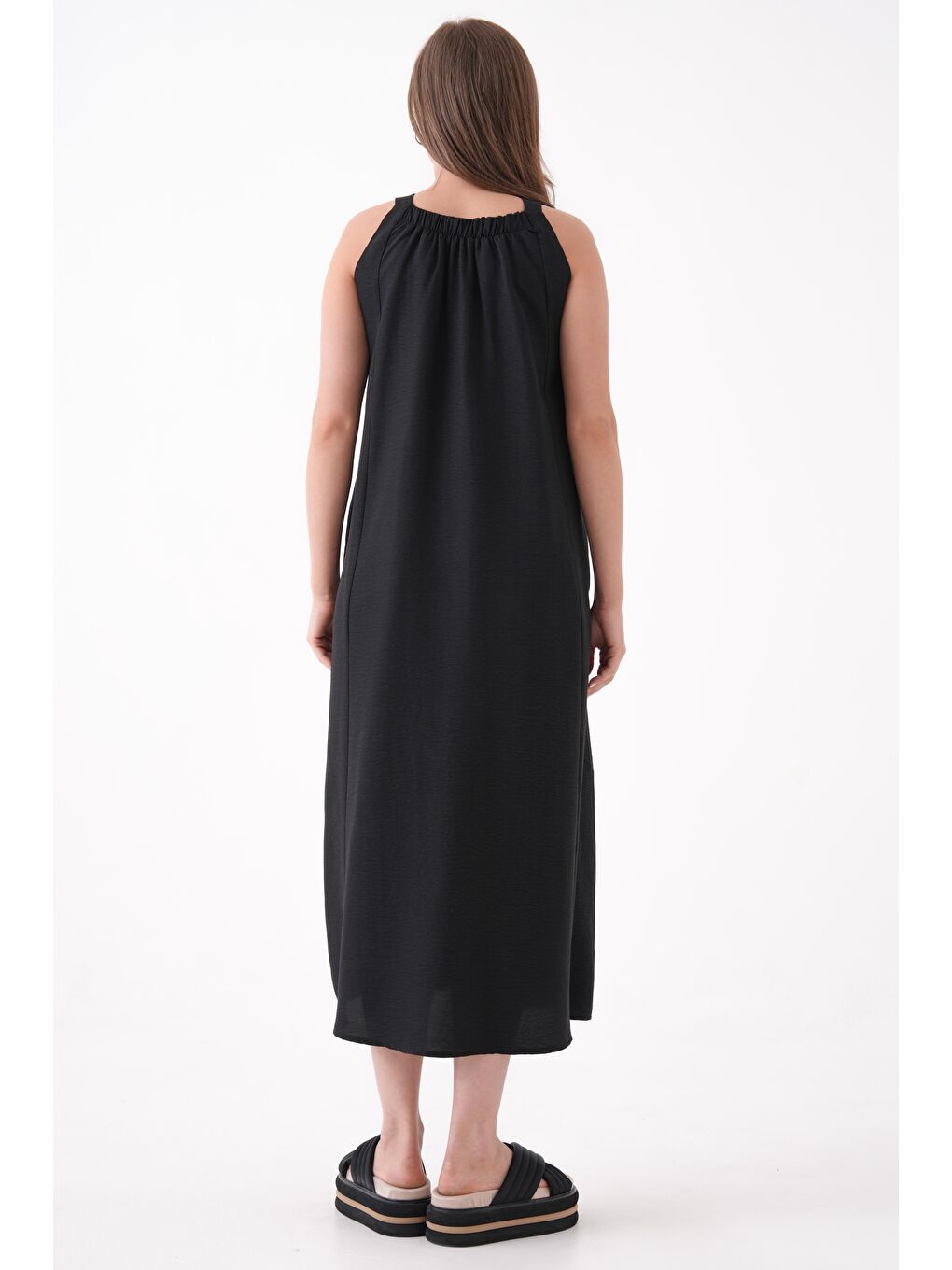 Siyah A Kesim Bisiklet Yaka Cepli Salopet Form Dokuma Elbise-6