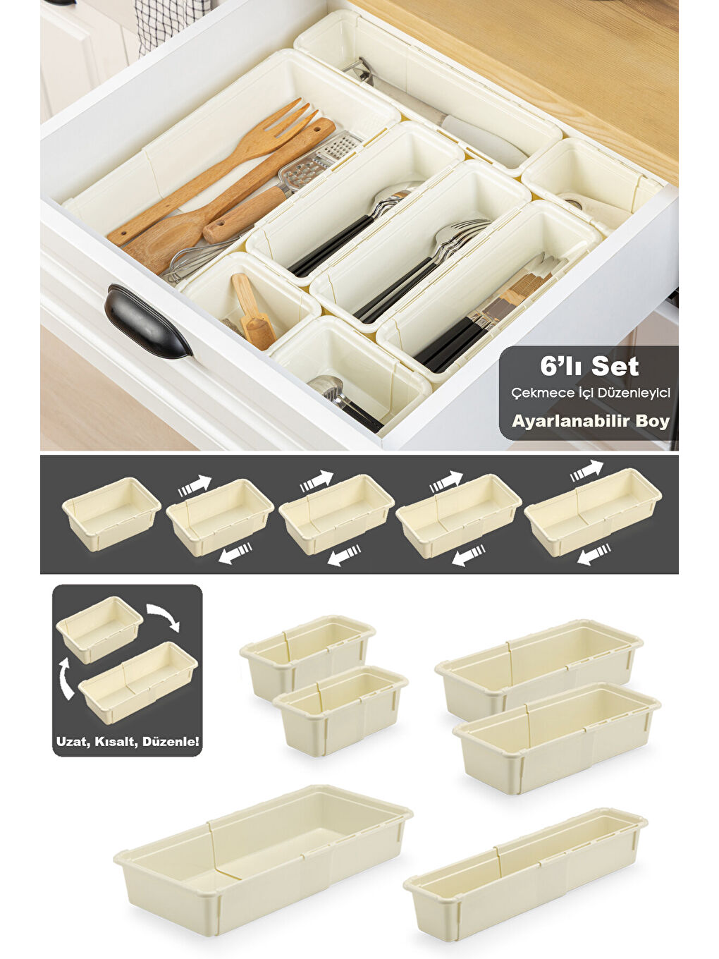 Bej 6'lı Ayarlanabilir Kaşıklık Seti