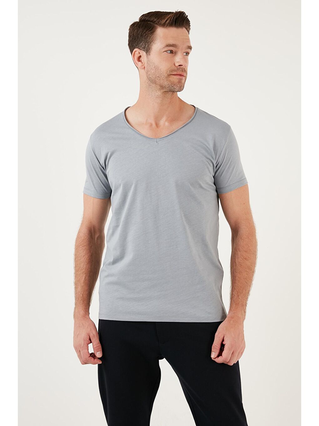 Buratti Açık Antrasit % 100 Pamuk Slim Fit V Yaka Basic T Shirt 5412001 - 1