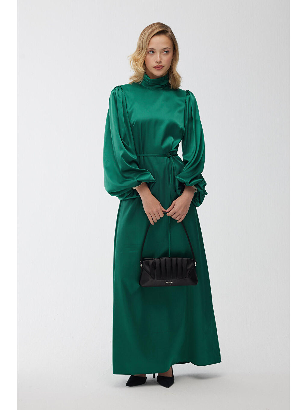 Bej Balon Kol Saten Abiye Elbise Zümrüt-2