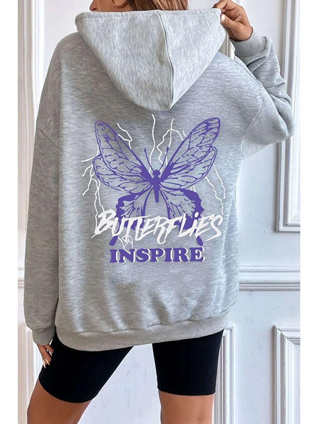 uyguntarz Gri Unisex Butterfly & Letter Graphic Baskılı Sweatshirt