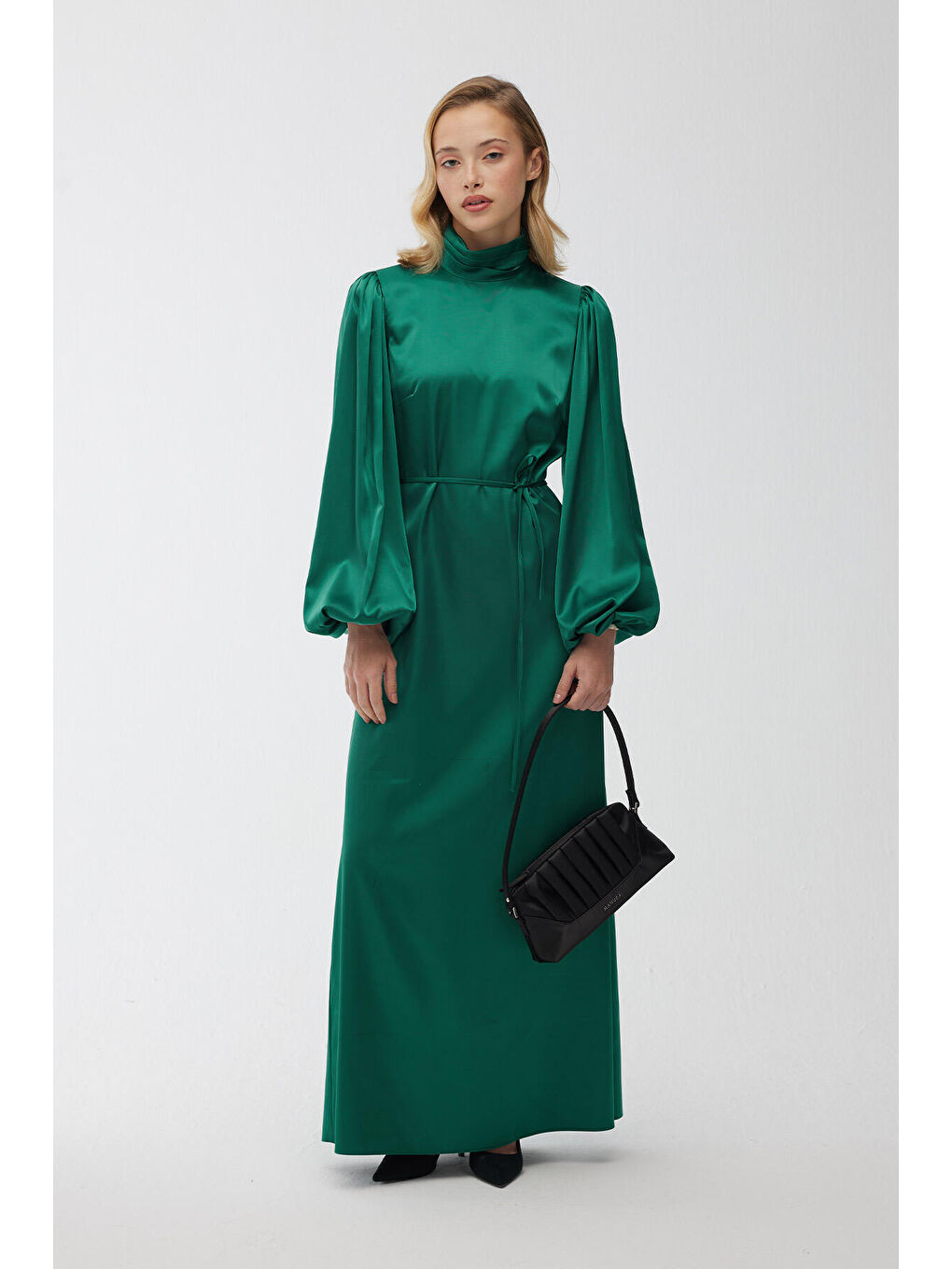 Bej Balon Kol Saten Abiye Elbise Zümrüt-3