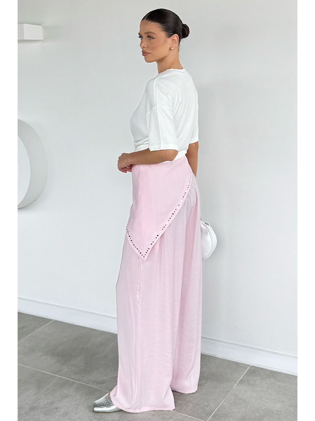 Pembe Bandana Detaylı Bel Lastikli Pantolon-3