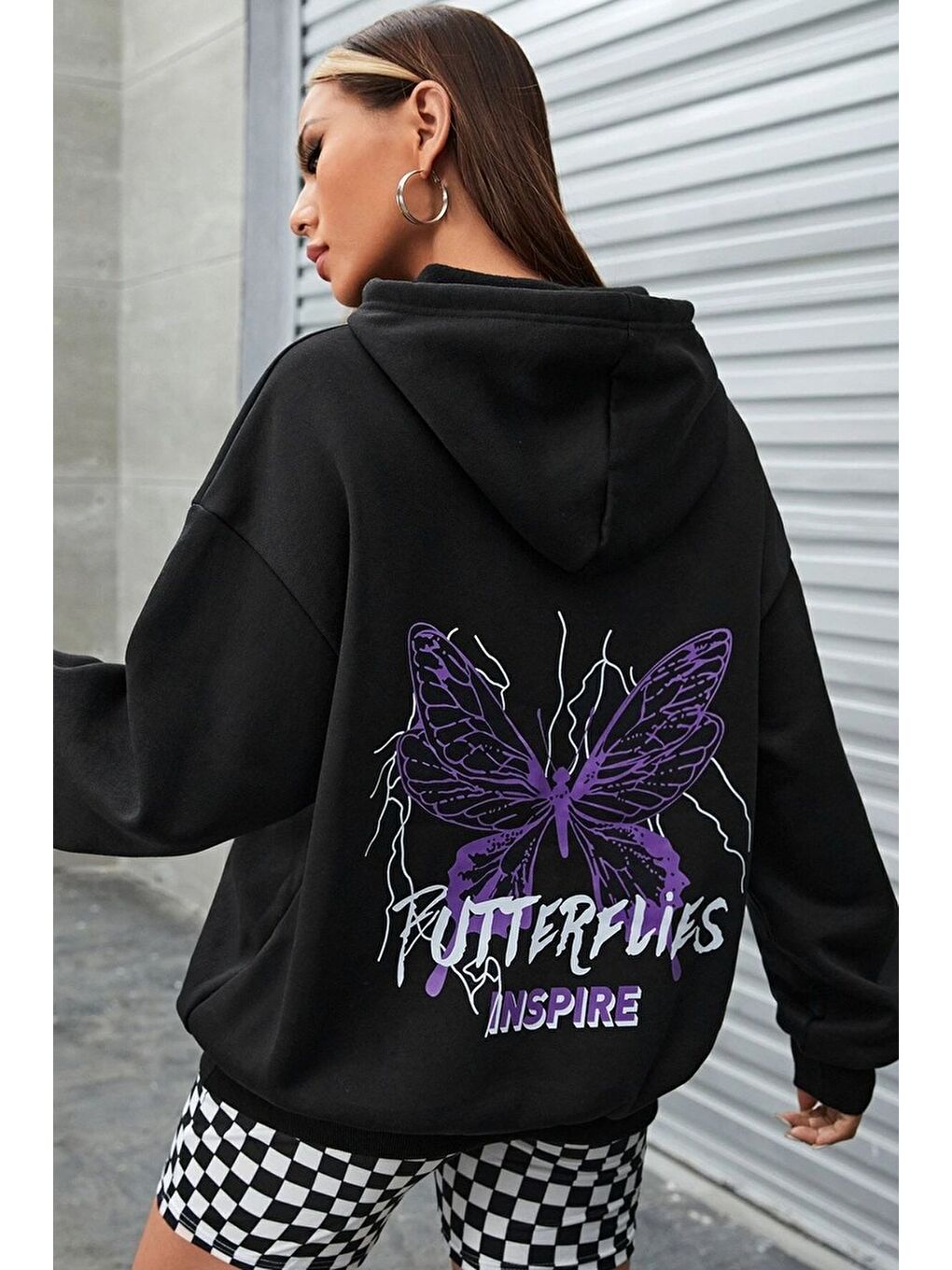 uyguntarz Siyah Unisex Butterfly & Letter Graphic Baskılı Sweatshirt