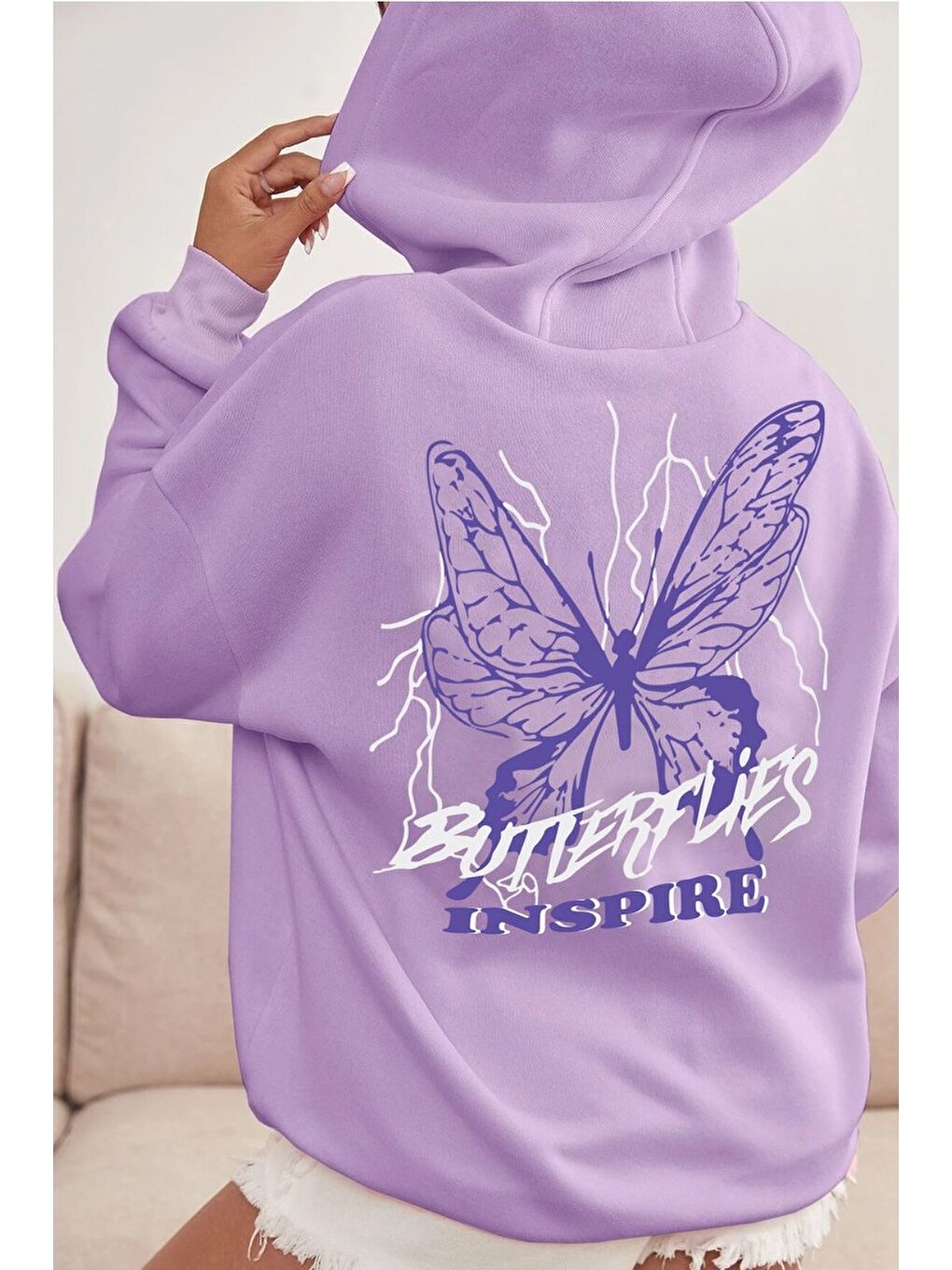 uyguntarz Lila Unisex Butterfly & Letter Graphic Baskılı Sweatshirt