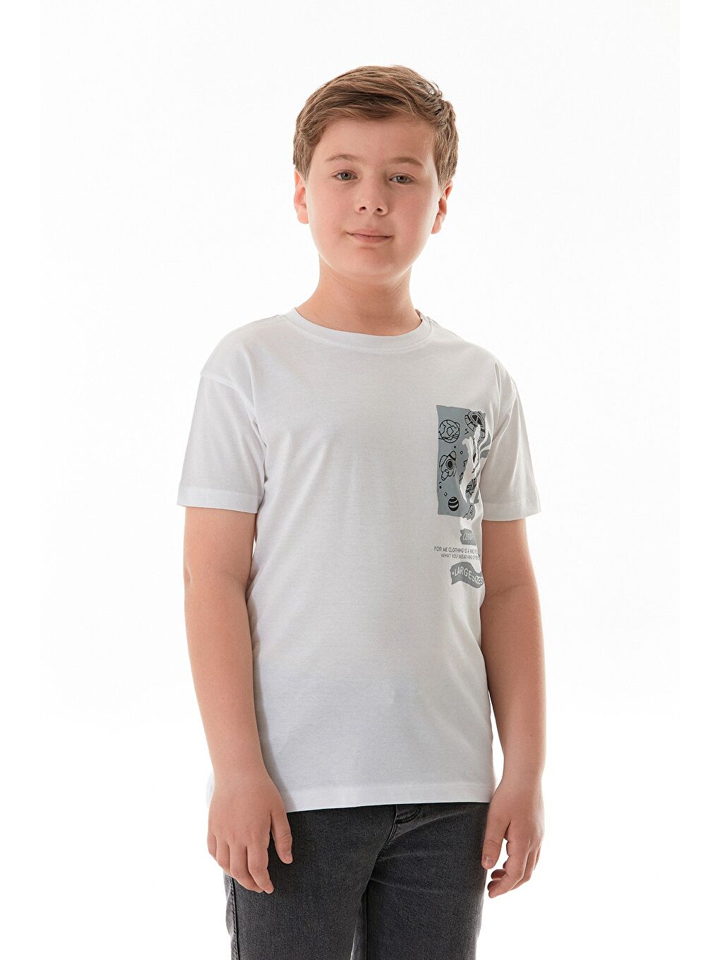 Beyaz %100 Pamuk Uzay Baskılı Erkek Çocuk Tişört-2
