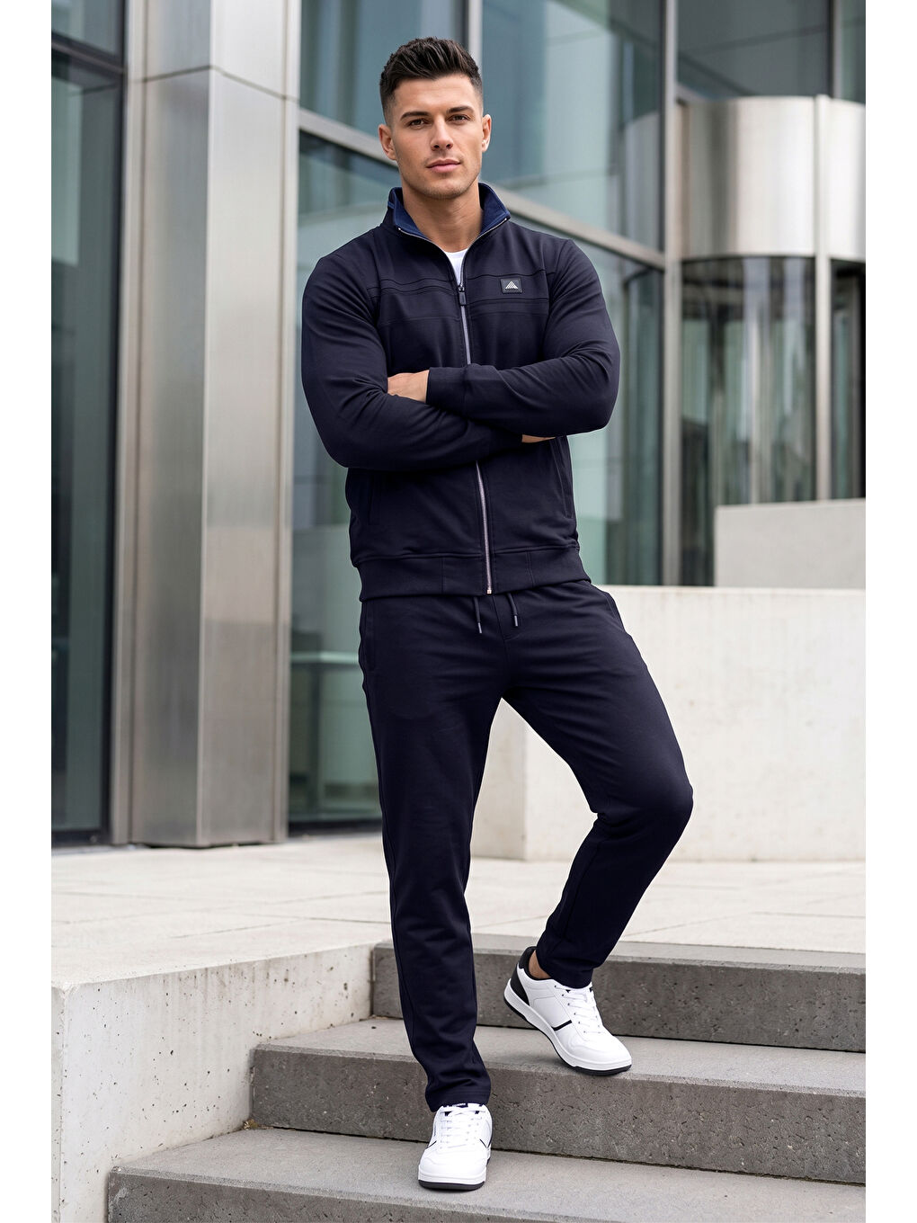 Erkek Önü Kaşkorse Düz Paça Alt ve Ceket Pamuklu Eşofman Takım 2711 Lacivert