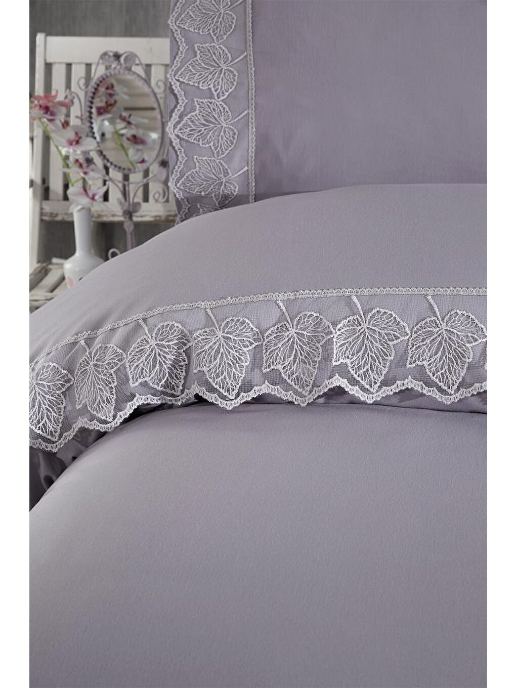 Fransız Dantelli Seray Çeyizlik Nevresim Takımı Gri-1