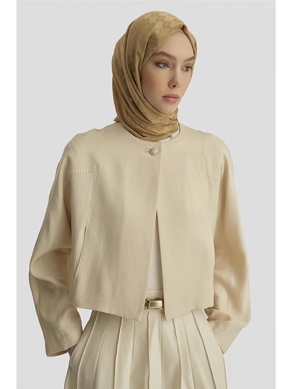 Ekru Elişi Dikişli Lyocell Ceket 25Y5903 Aytaşı-2