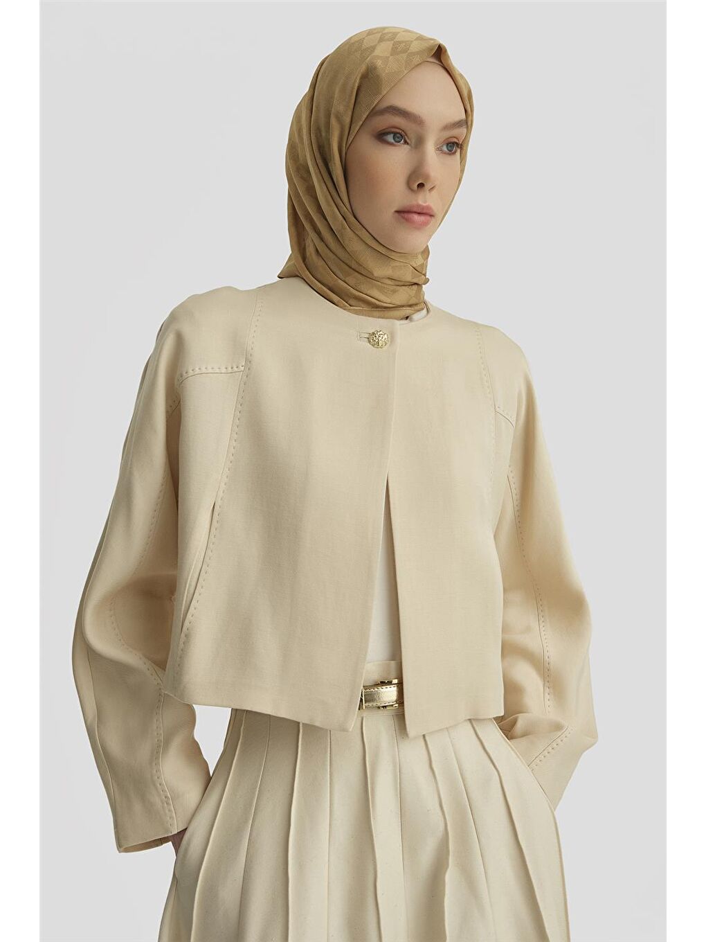 Ekru Elişi Dikişli Lyocell Ceket 25Y5903 Aytaşı-3