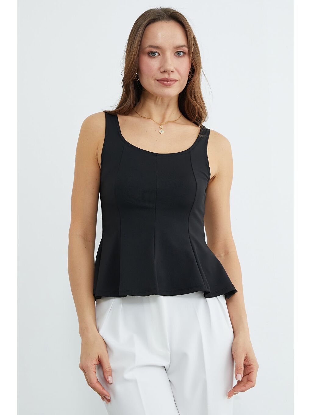 Siyah Kalın Askılı Peplum Bluz-1