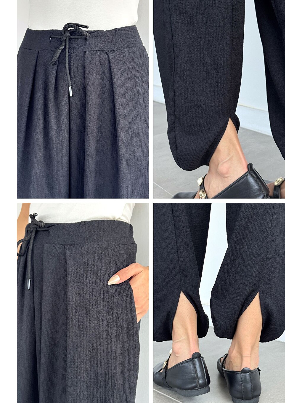 Siyah Bel Lastikli Şalvar Pantolon-4