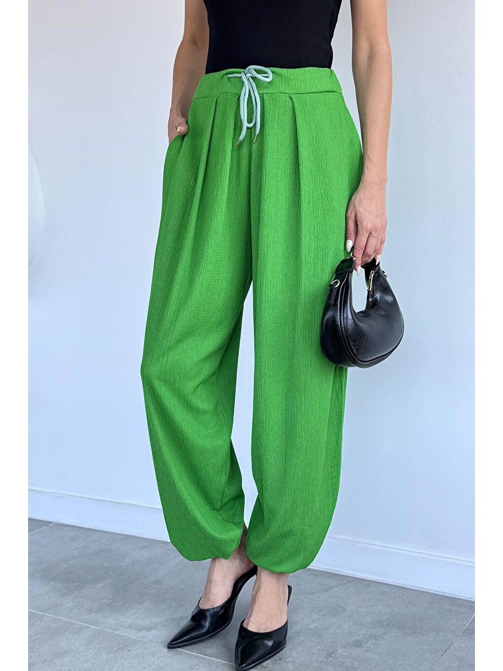 Yeşil Bel Lastikli Şalvar Pantolon-1