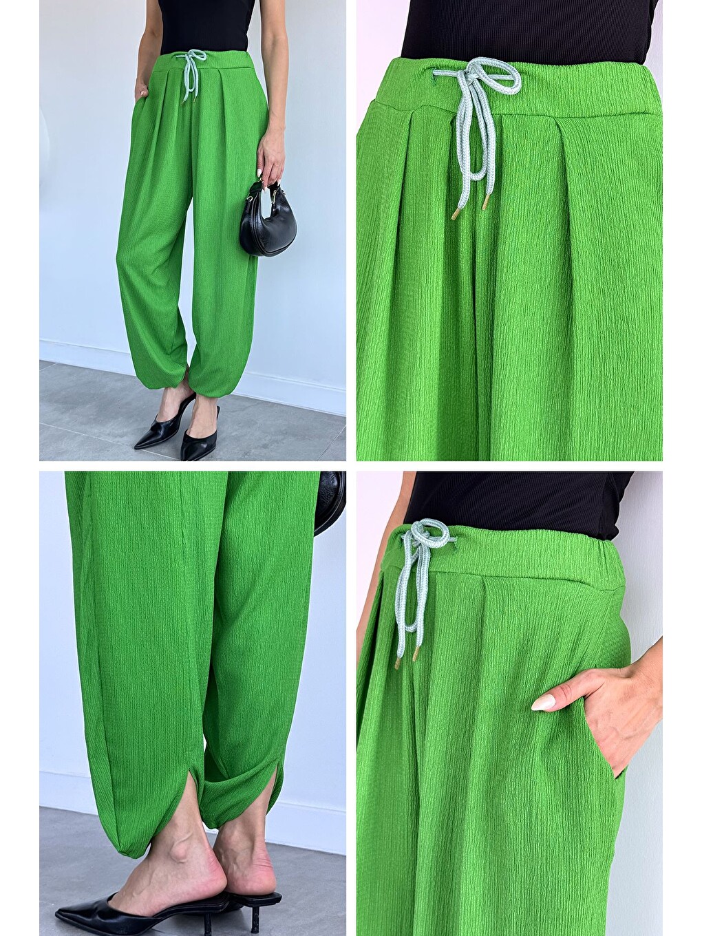 Yeşil Bel Lastikli Şalvar Pantolon-4