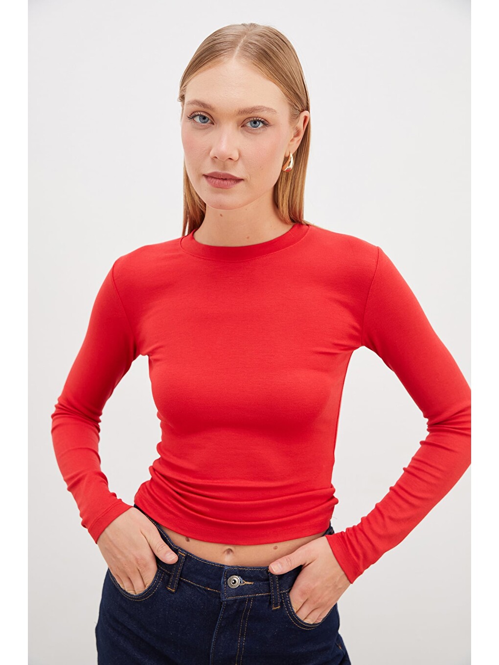 Kırmızı Basic Bisiklet Yaka Slim Fit Crop Bluz