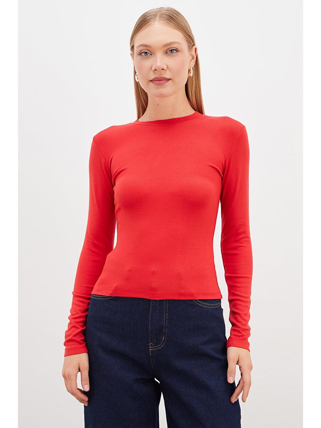 Kırmızı Basic Bisiklet Yaka Slim Fit Crop Bluz-1