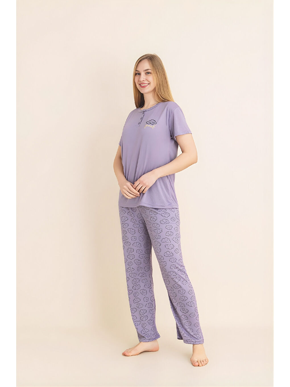 Lila Kadın Pijama Takımı-Menekşe Kumaş-3 Düğmeli-Yaka Baskılı-12606SF