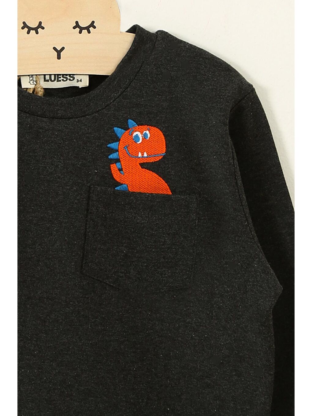 Luess Gri Melanj Erkek Çocuk Dinozor Detaylı İnterlok Sweatshirt - 1