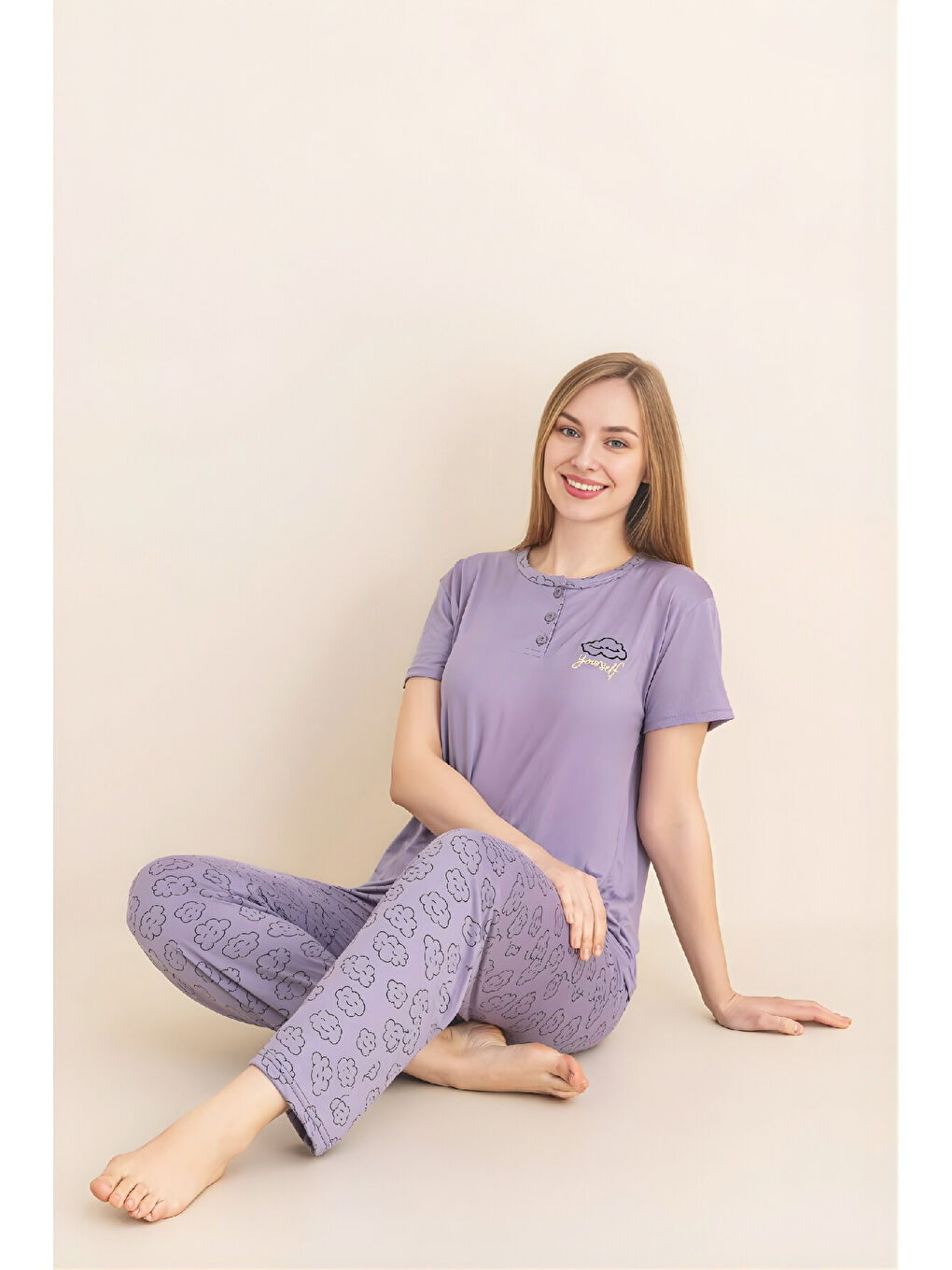 Lila Kadın Pijama Takımı-Menekşe Kumaş-3 Düğmeli-Yaka Baskılı-12606SF-1