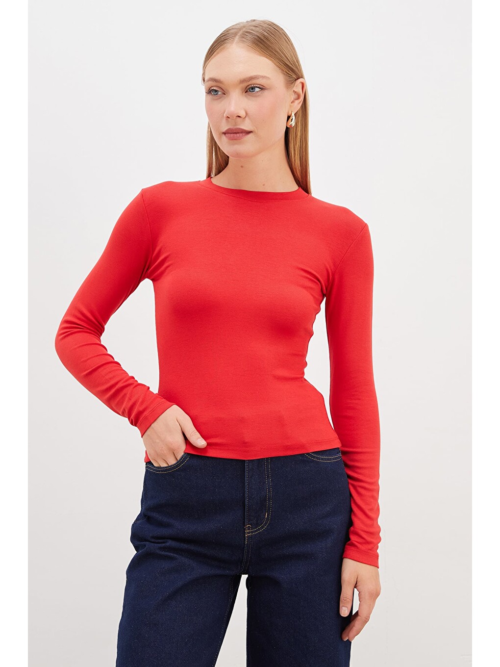 Kırmızı Basic Bisiklet Yaka Slim Fit Crop Bluz-2
