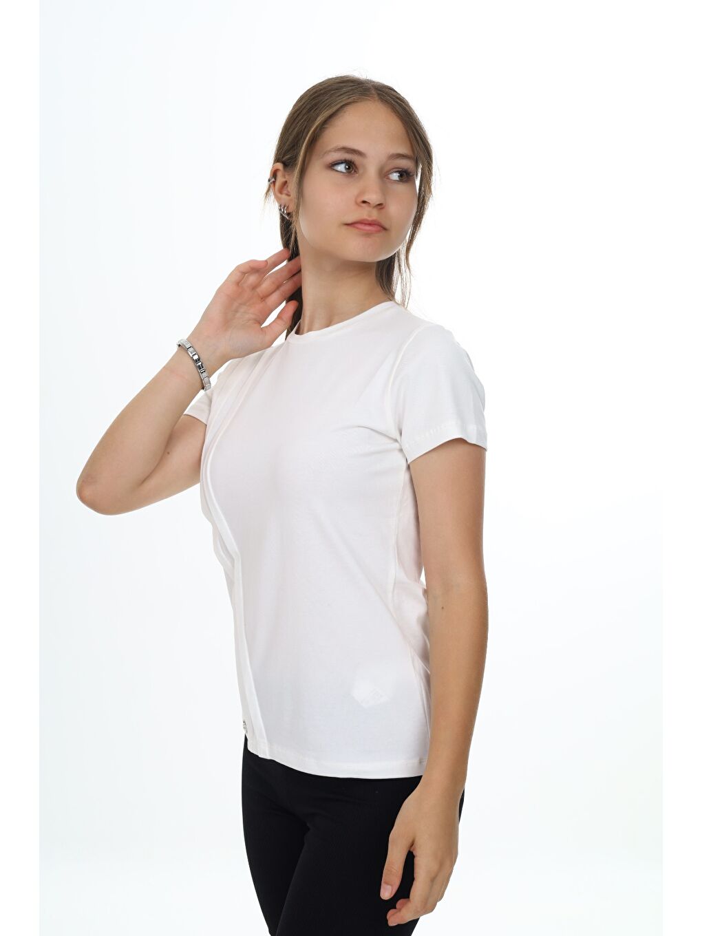 Ekru Kız Çocuk Bisiklet Yaka Kısa Kollu Pileli Tişört