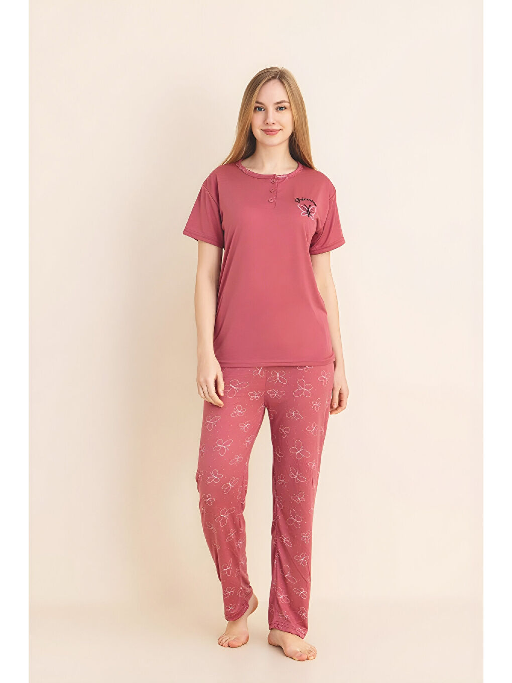 Mercan Kadın Pijama Takımı-Menekşe Kumaş-3 Düğmeli-Yaka Baskılı-12606SF