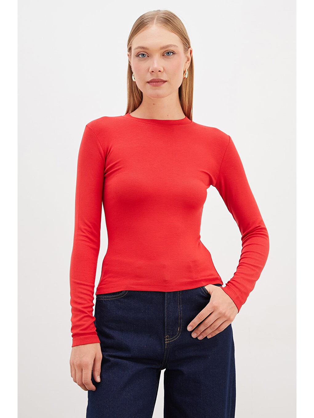Kırmızı Basic Bisiklet Yaka Slim Fit Crop Bluz-4