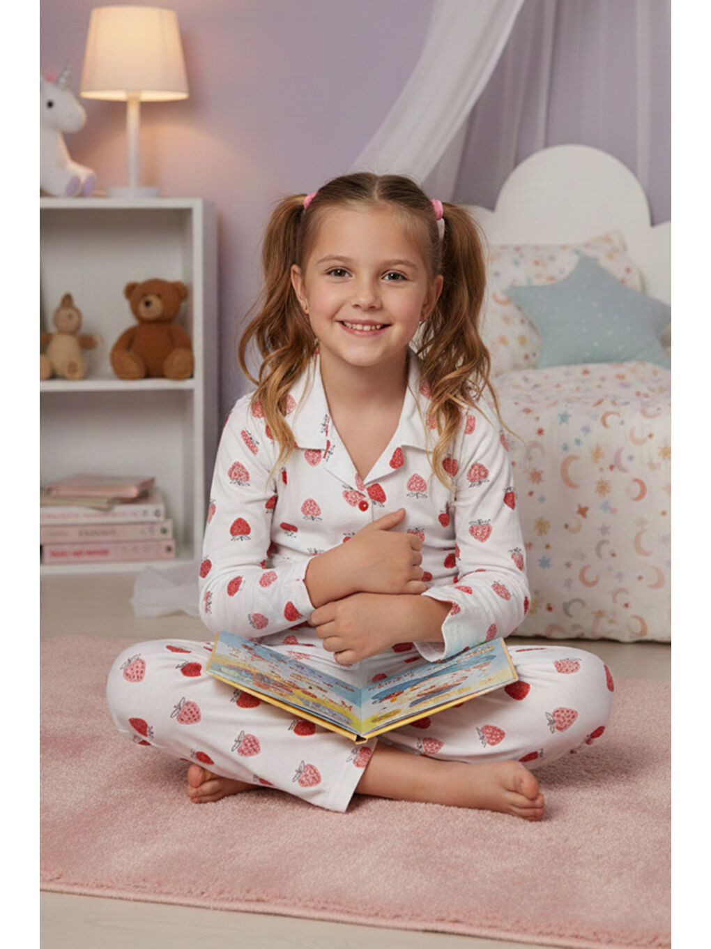 Kırmızı Çilek Desenli Polo Yaka Kız Çocuk Pijama Takımı-1