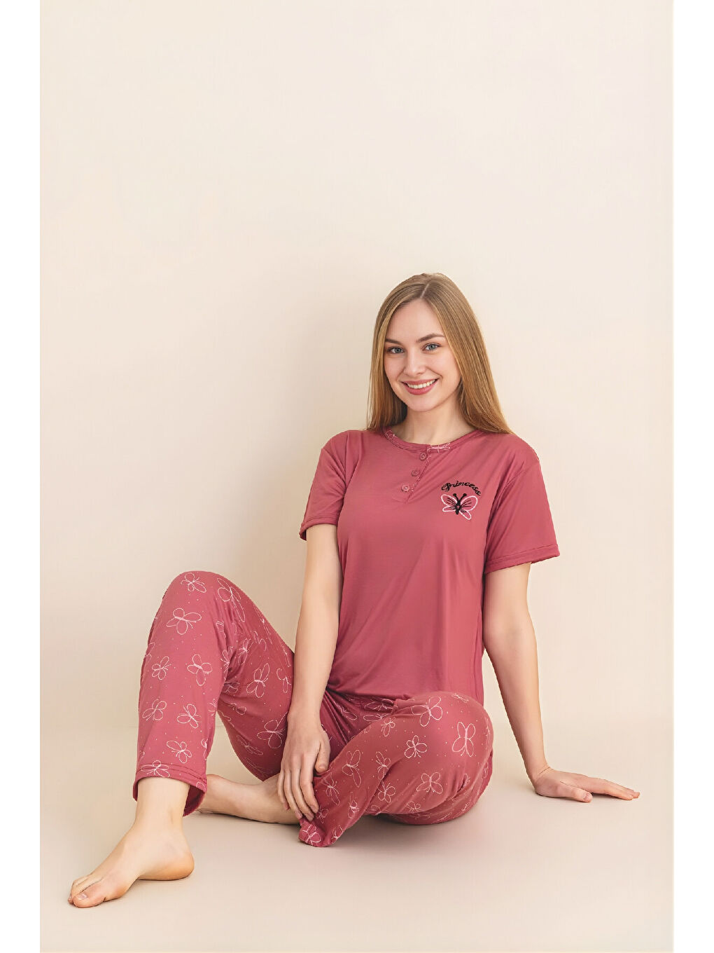 Mercan Kadın Pijama Takımı-Menekşe Kumaş-3 Düğmeli-Yaka Baskılı-12606SF-1