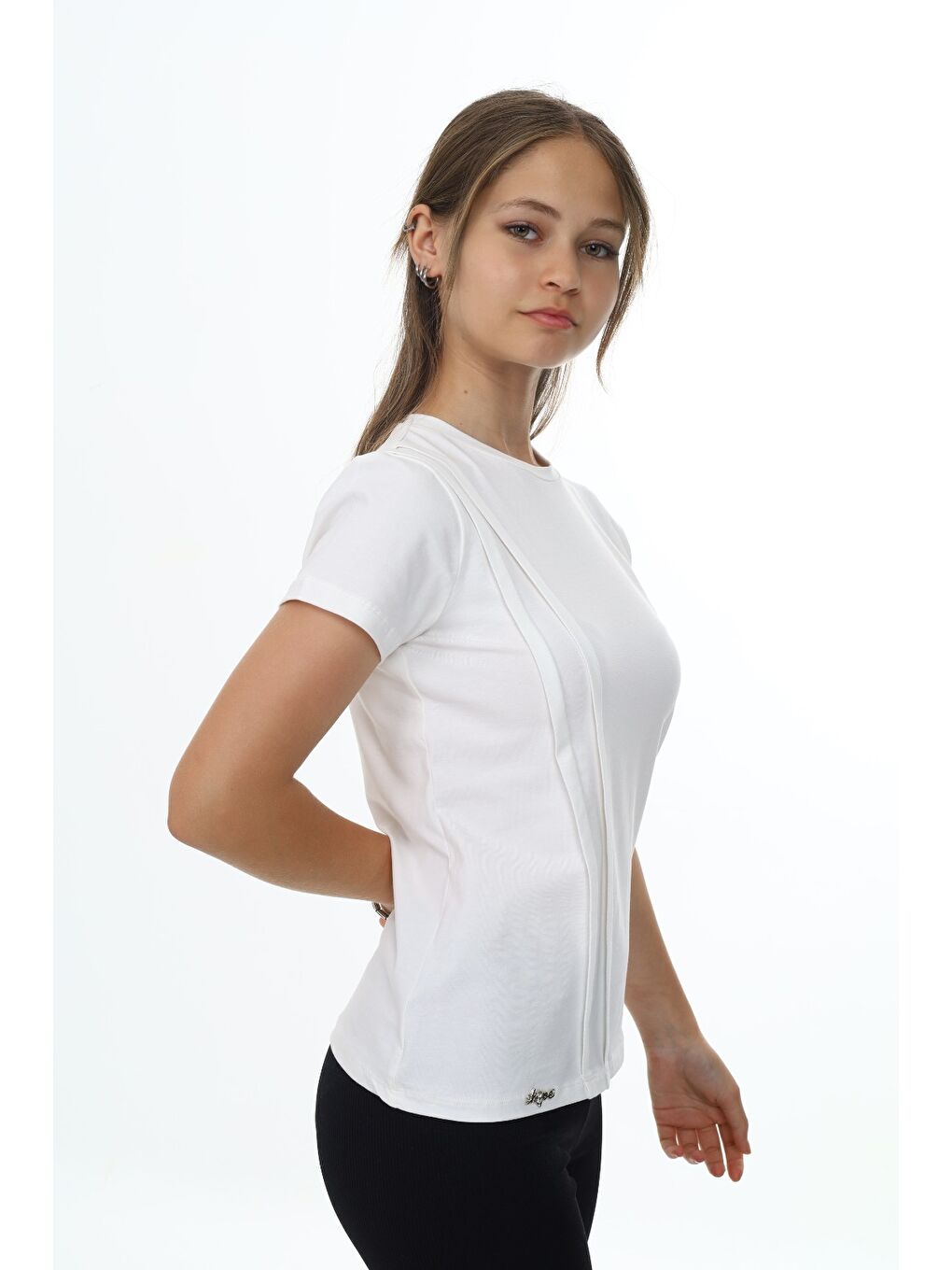 Ekru Kız Çocuk Bisiklet Yaka Kısa Kollu Pileli Tişört-1