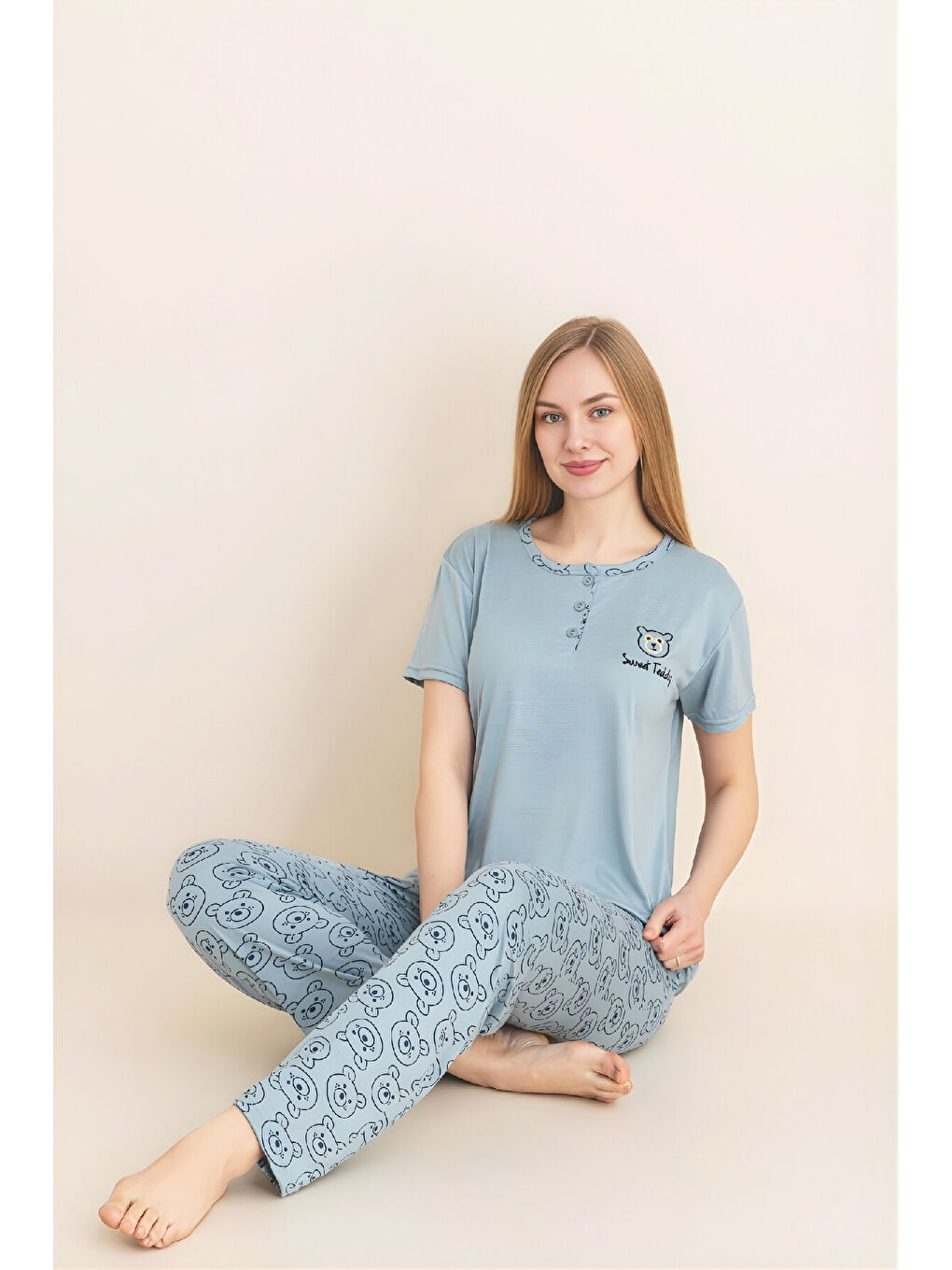 Turkuaz Kadın Pijama Takımı-Menekşe Kumaş-3 Düğmeli-Yaka Baskılı-12606SF-1