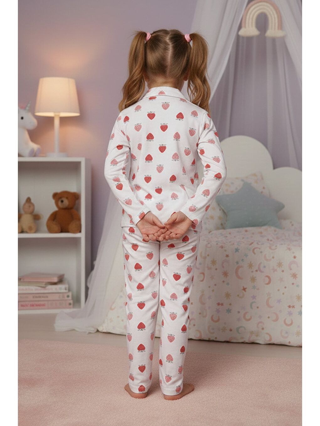 Kırmızı Çilek Desenli Polo Yaka Kız Çocuk Pijama Takımı-2