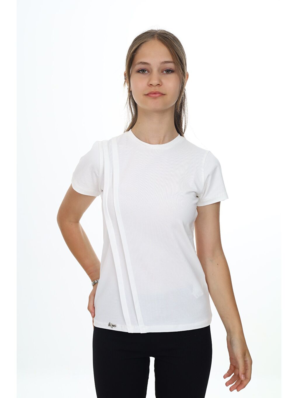 Ekru Kız Çocuk Bisiklet Yaka Kısa Kollu Pileli Tişört-2