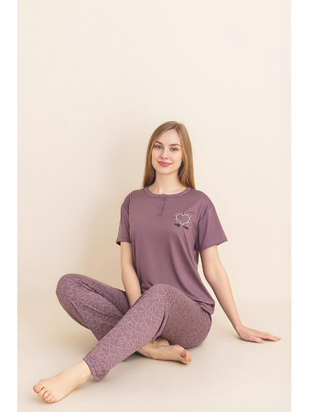 Pembe Kadın Pijama Takımı-Menekşe Kumaş-3 Düğmeli-Yaka Baskılı-12606SF-1