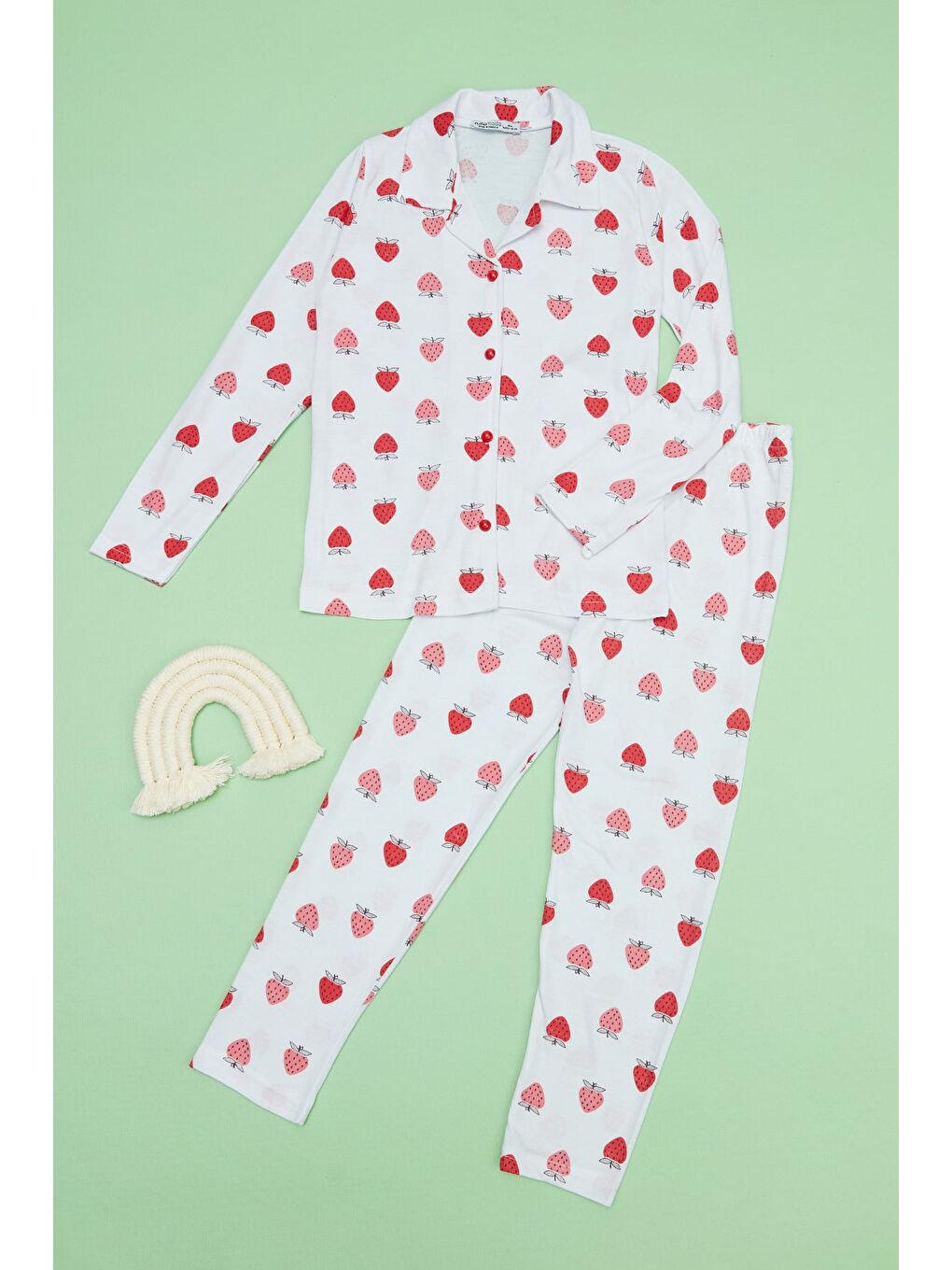 Kırmızı Çilek Desenli Polo Yaka Kız Çocuk Pijama Takımı-3